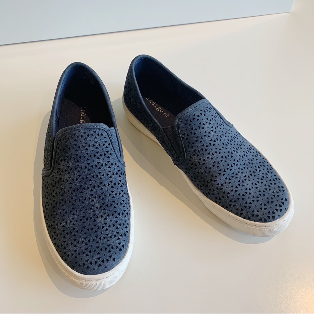 Indigo Rd. Navy Laser Cutwork Slip-On Sneakers